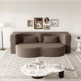 Modern Floor Sofa with 2 Pillows,Convertible Teddy Fabric Foam-Filled Sleeper Sofa Bed,15" Full Size Folding Mattress for Living Room,Guest Bed