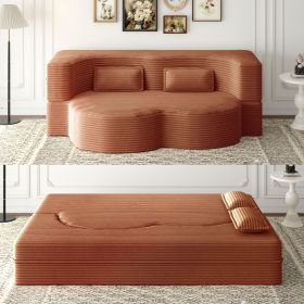 Modern Floor Sofa with 2 Pillows,Convertible Plush Corduroy Foam-Filled Sleeper Sofa Bed,15" Full Size Folding Mattress for Living Room,Guest Bed