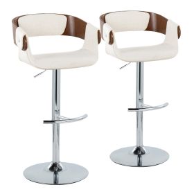 Elisa Mid-Century Modern Adjustable Barstool with Swivel in Chrome Metal, Walnut Wood and Cream Fabric with Rounded T Footrest by - Set of 2