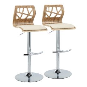 Folia Mid-Century Modern Adjustable Barstool with Swivel in Chrome Metal, Zebra Wood and Cream Faux Leather with Rounded T Footrest by - Set of 2