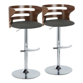 Cosi Mid-Century Modern Adjustable Barstool with Swivel in Chrome Metal, Walnut Wood and Charcoal Fabric with Rounded T Footrest by - Set of 2