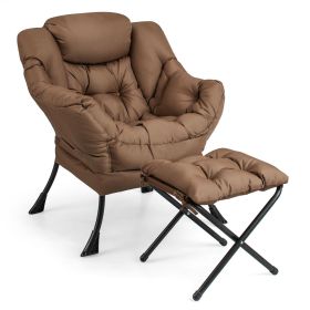 Modern Accent Sofa Chair with Folding Footrest and Side Pocket (Color: Brown)
