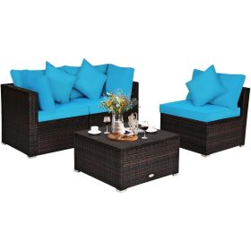 4 Pieces Patio Rattan Furniture Set with Removable Cushions and Pillows (Color: Turquoise)