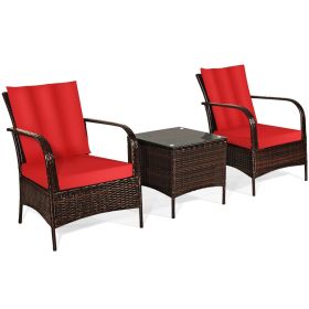 3 Pieces Patio Rattan Conversation Set with Glass Top Coffee Table and Cushions (Color: Red)