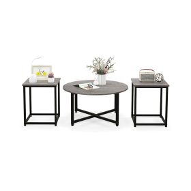 3-Piece Coffee Table Set Round Coffee Table and 2PCS Square End Tables (Color: Gray)