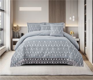 3-Piece Lace Embroidered Bedding Set (Queen/King/Cal King) - Quilted Microfiber Quilt + Pillow Shams (9 Colors) (Color: Blue, size: QUEEN)