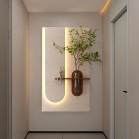Adjustable 3-Color LED Sandstone Wall Decor with Simulated Green Plants - 3D Art Sculpture, Glass Vase & Rabbit Statue (Color: as Pic)