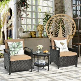 3 Pieces Patio Rattan Furniture Set Cushioned Sofa Storage Table with Shelf Garden (Color: as show)
