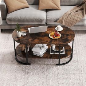 Oval Coffee Table 2-Tier Wooden Accent Table with Spacious Tabletop and Open Storage Shelf (Color: Rustic Brown, Select: Oval)